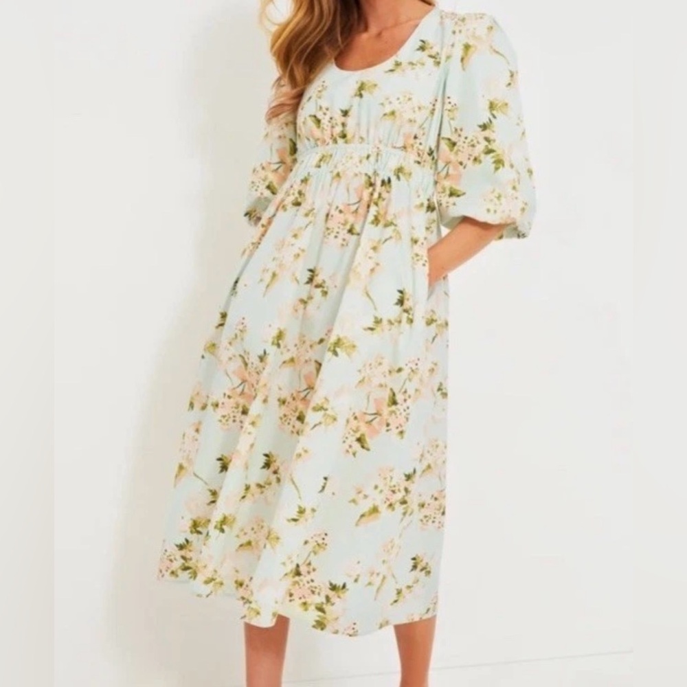 TUCKERNUCK Aqua Watercolor Marlena Floral Midi Dress Cinch Waist NWT